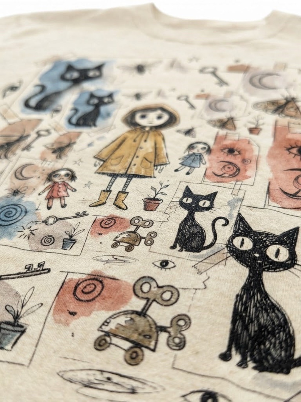 Cat Illustration Graphic T-Shirt in Cream - Picture 2 of 2